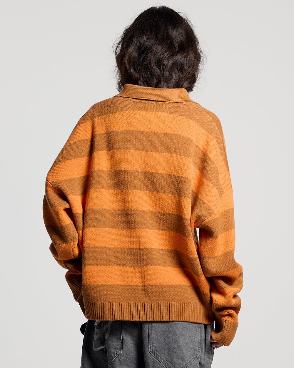 COLD BRICK POLO KNIT ORANGE - orange striped polo knit sweater, back view on female model - Cold Culture #woman