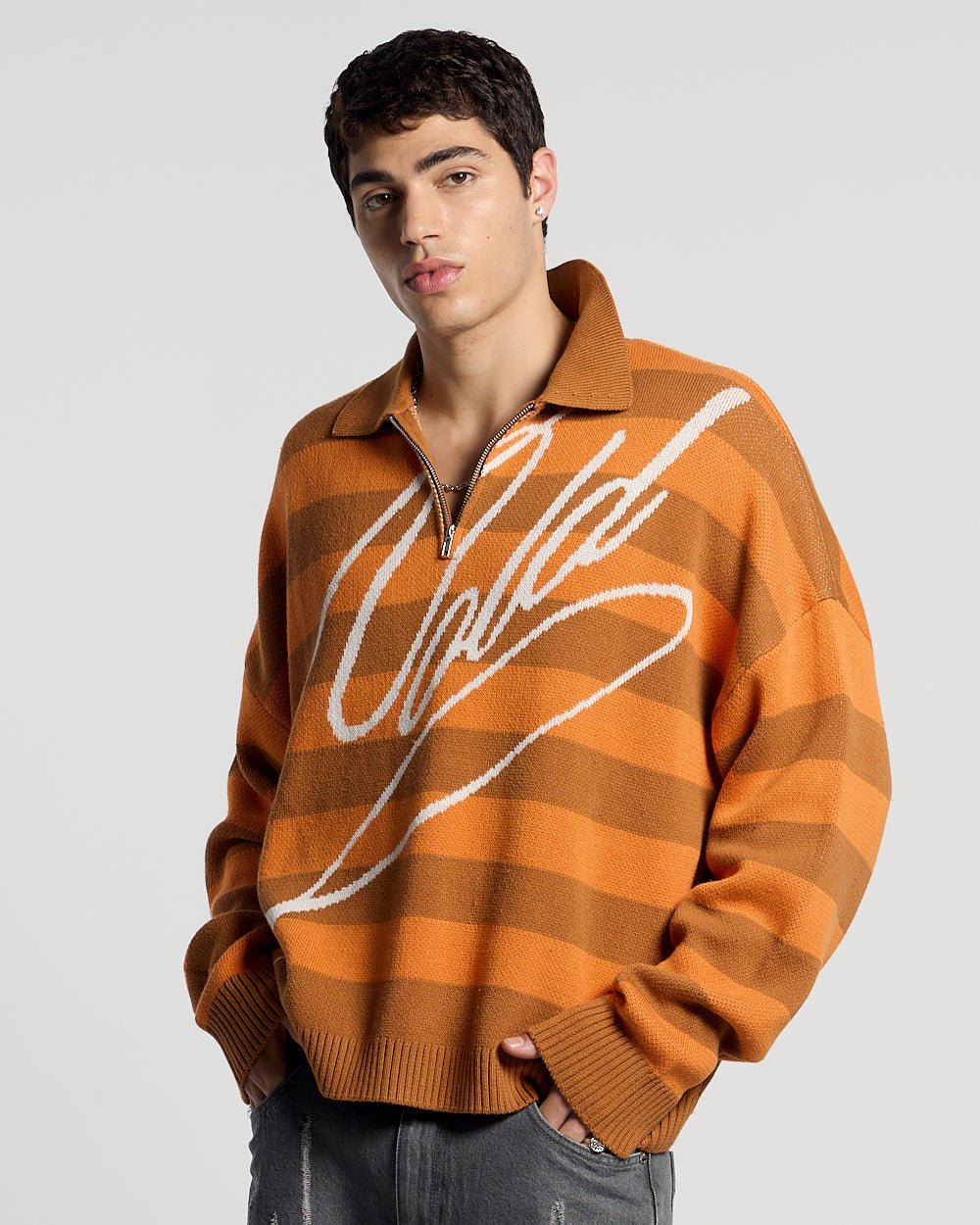 COLD BRICK POLO KNIT ORANGE - orange striped polo knit sweater, front view on male model - Cold Culture #man