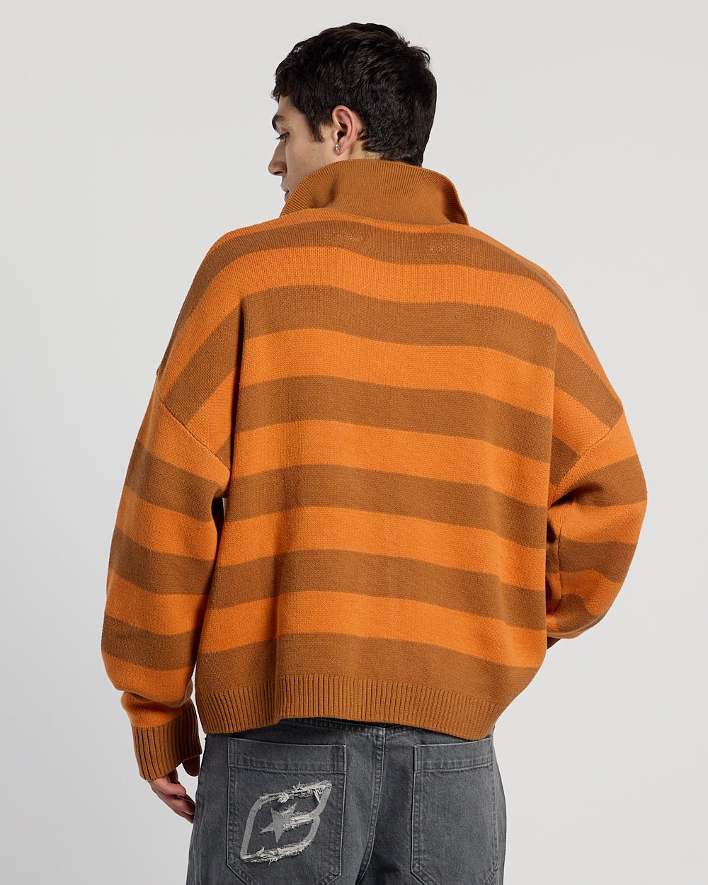 COLD BRICK POLO KNIT ORANGE - orange striped polo knit sweater, back view on male model - Cold Culture #man