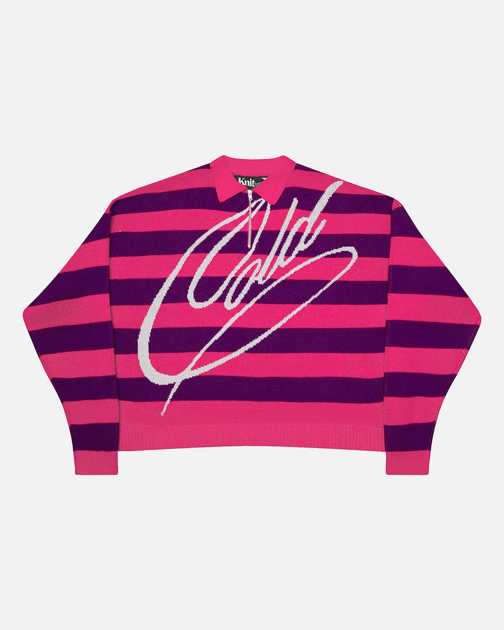 COLD BRICK POLO KNIT PURPLE & PINK - pink and purple striped polo knit, front view - Cold Culture #packshot
