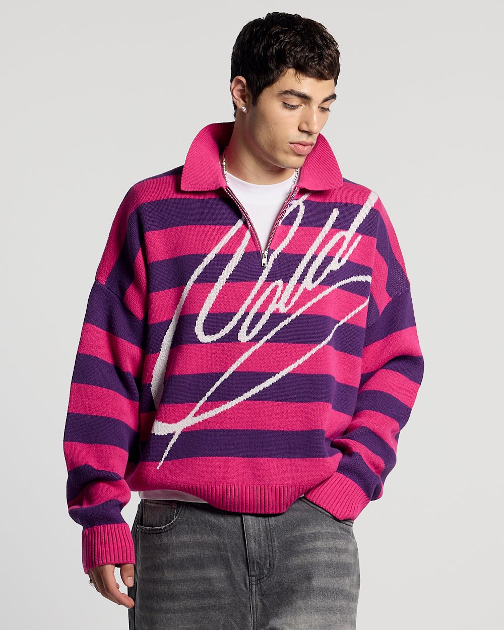 COLD BRICK POLO KNIT PURPLE & PINK - pink and purple striped polo knit, front view on male model - Cold Culture #man