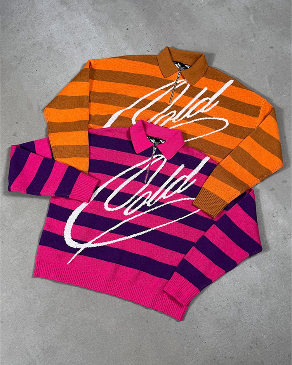 COLD BRICK POLO KNIT PURPLE & PINK - pink and purple striped polo knit, flat lay with matching pieces - Cold Culture