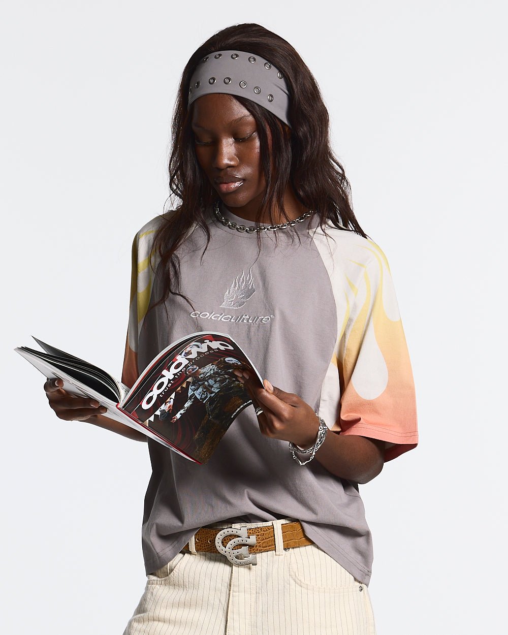 COLD FLAMES TEE ORANGE - grey and orange flame print tee, front view on female model - Cold Culture #woman