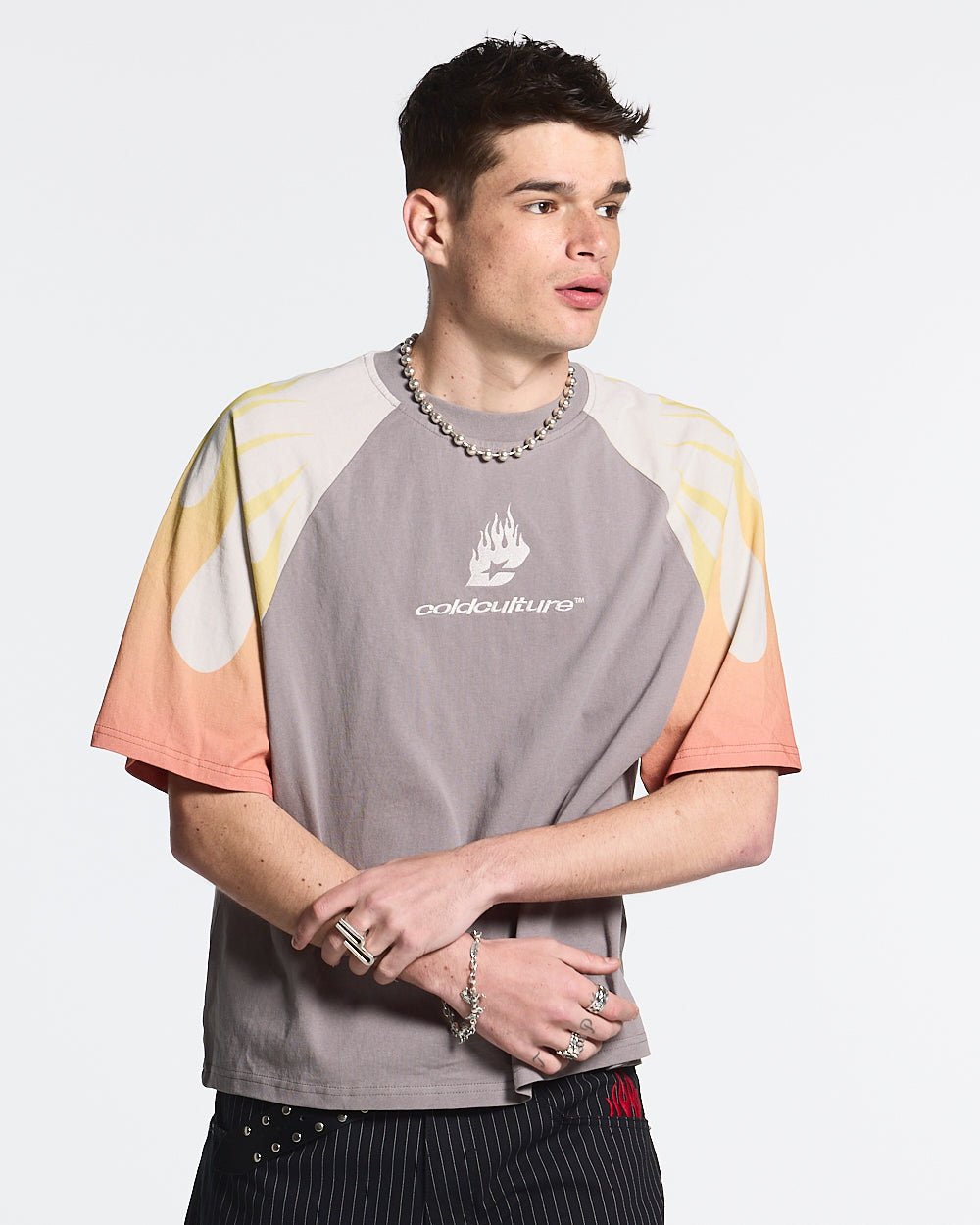 COLD FLAMES TEE ORANGE - grey and orange flame print tee, front view on male model - Cold Culture #man