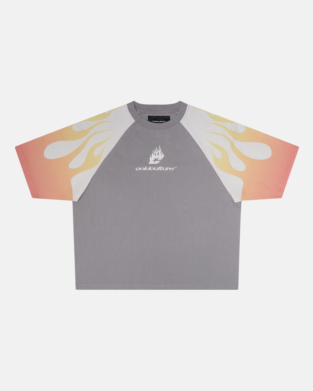 COLD FLAMES TEE ORANGE - grey and orange flame print tee, front view - Cold Culture