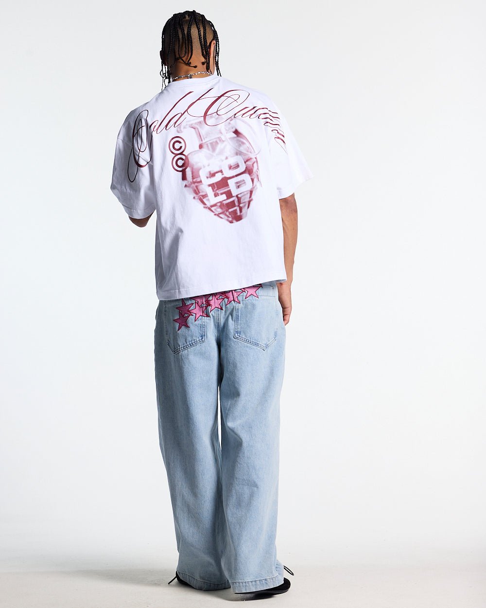 COLD HEARTS TEE WHITE - white graphic print tee, back view on male model - Cold Culture #man