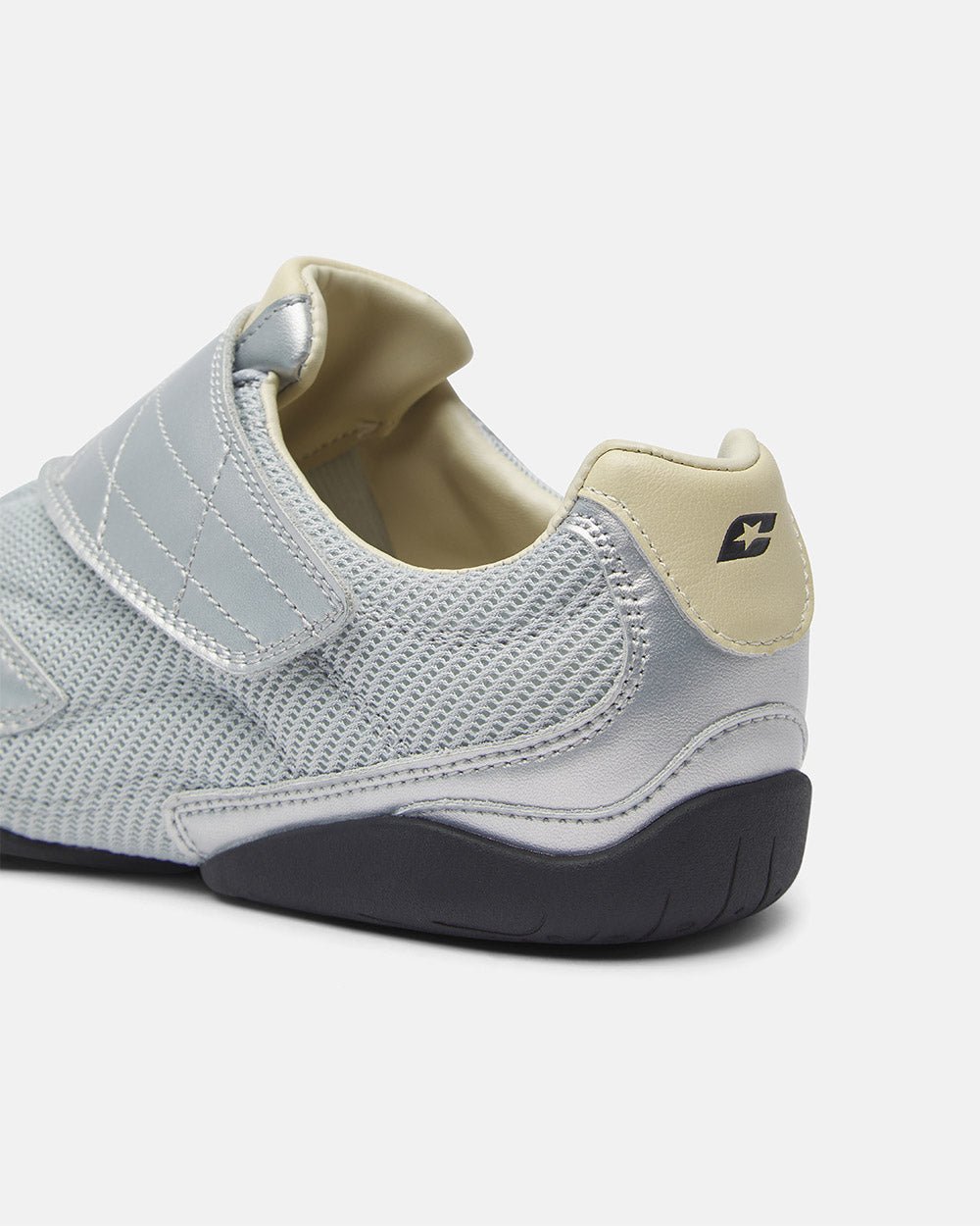 COLD HOOK SNEAKER SILVER - silver velcro strap sneakers, detail close-up - Cold Culture