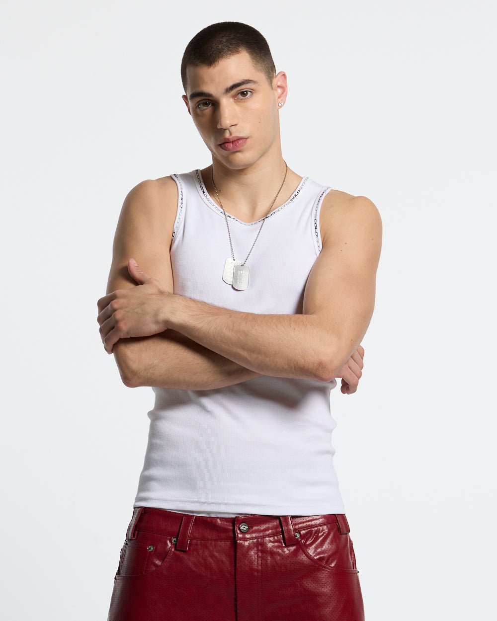 COLD SPORT TANK TOP WHITE - white ribbed tank top, front view on male model - Cold Culture #man