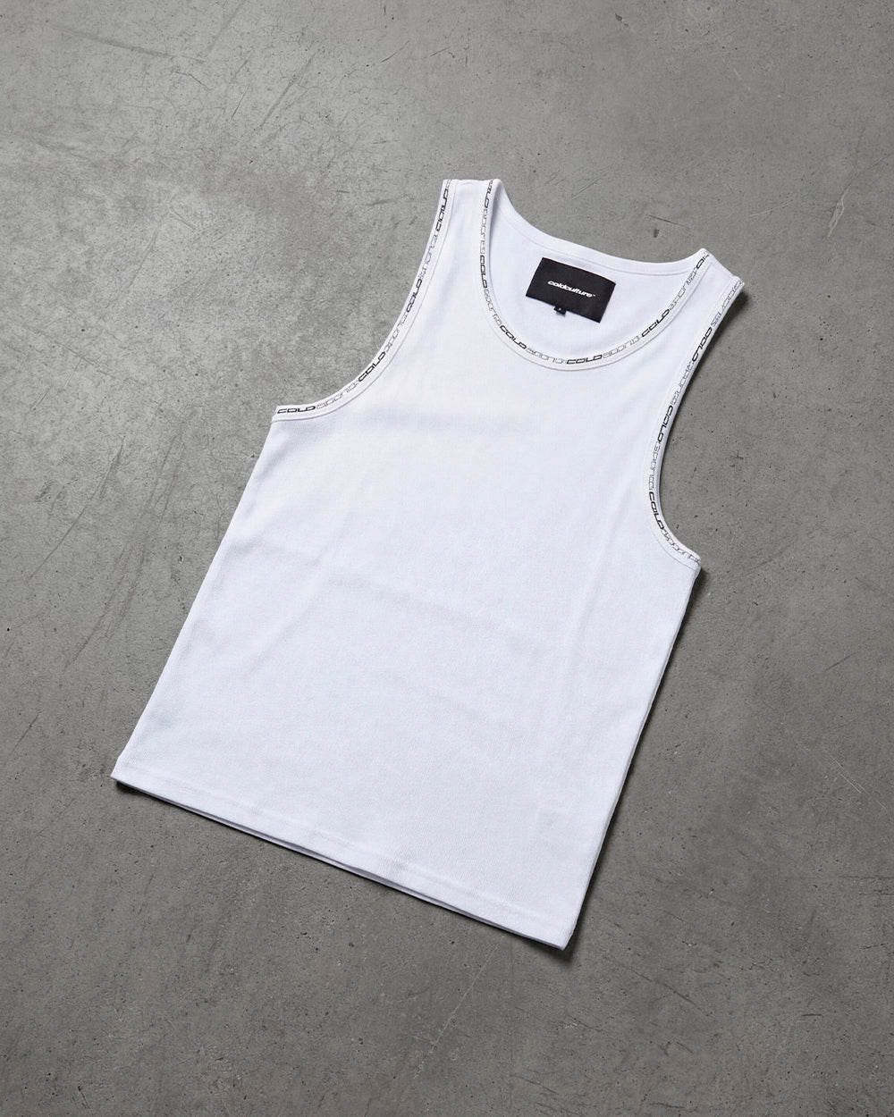 COLD SPORT TANK TOP WHITE - white ribbed tank top, flat lay - Cold Culture