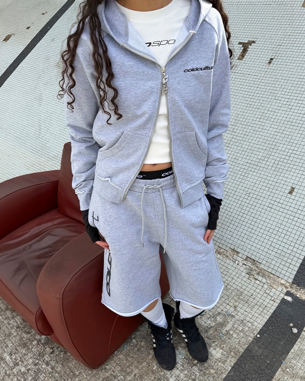 COLD SPORT ZIP HOODIE GREY - grey zip-up hoodie, street style shot - Cold Culture #woman