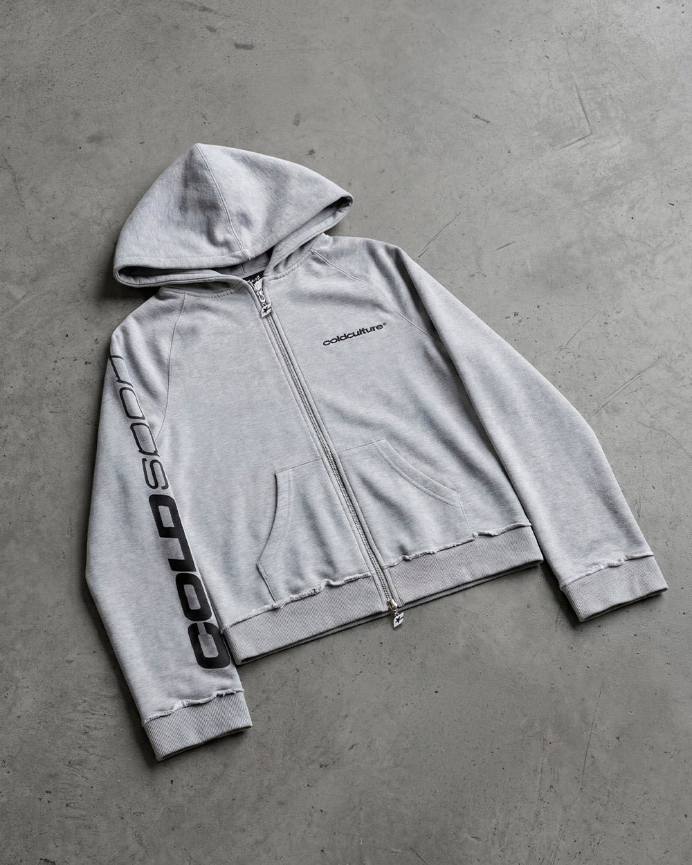 COLD SPORT ZIP HOODIE GREY - grey zip-up hoodie, flat lay - Cold Culture