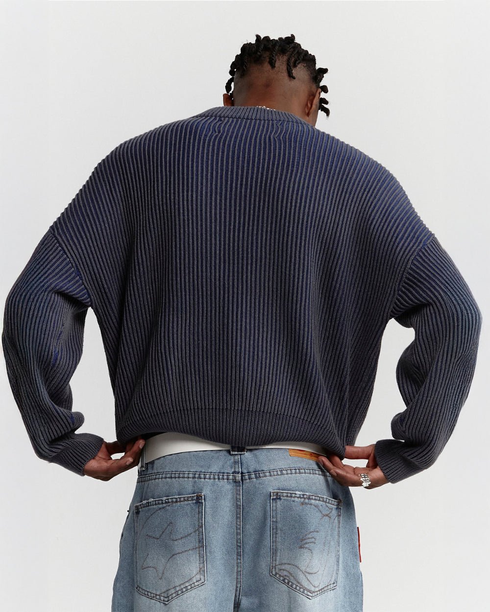 COLD UNIVERSITY KNIT DARK BLUE - dark blue ribbed knit sweater, back view on male model - Cold Culture #man