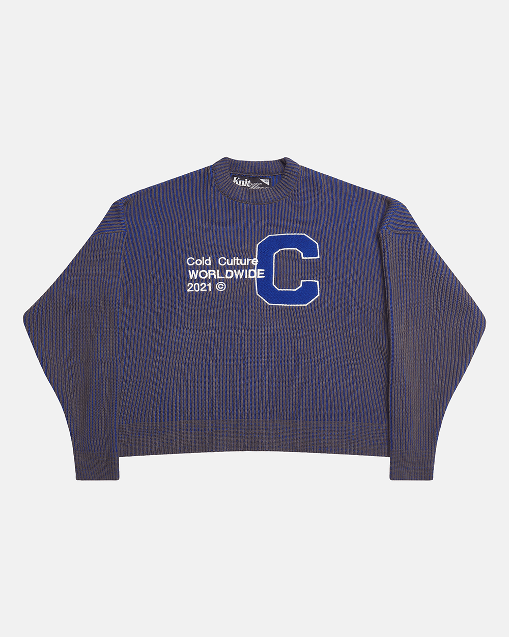 COLD UNIVERSITY KNIT DARK BLUE - dark blue ribbed knit sweater, front view - Cold Culture #packshot