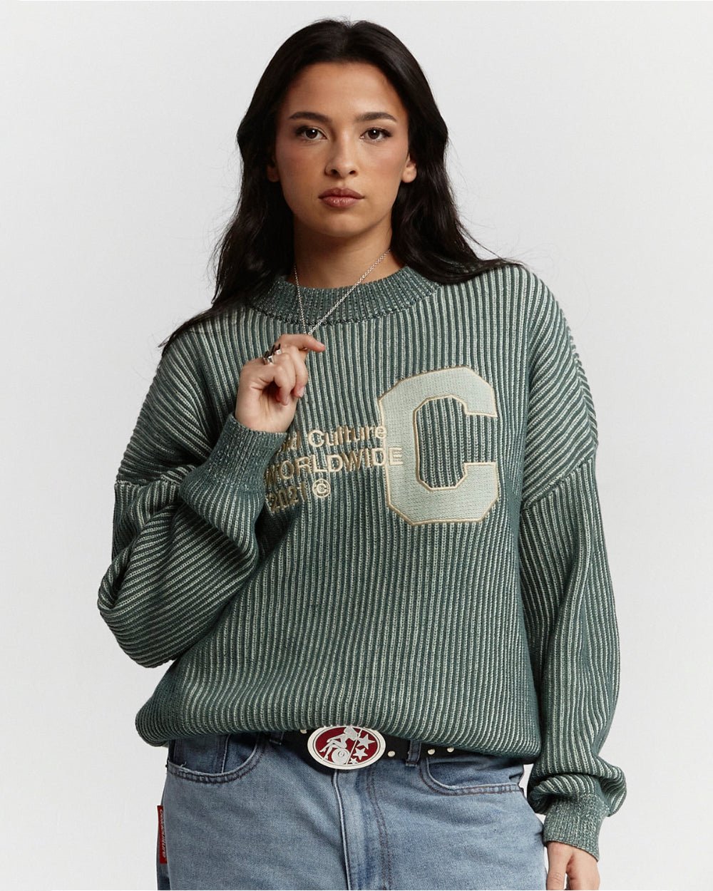 COLD UNIVERSITY KNIT WARM GREEN - green ribbed knit sweater, front view on female model - Cold Culture #woman
