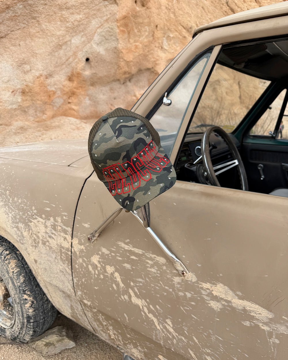 COLDCULT CAP GREEN - green camo trucker cap, street style shot - Cold Culture