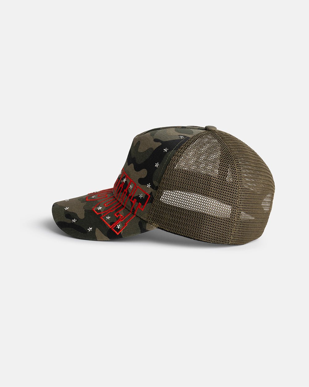 COLDCULT CAP GREEN - green camo trucker cap, side view - Cold Culture #packshot