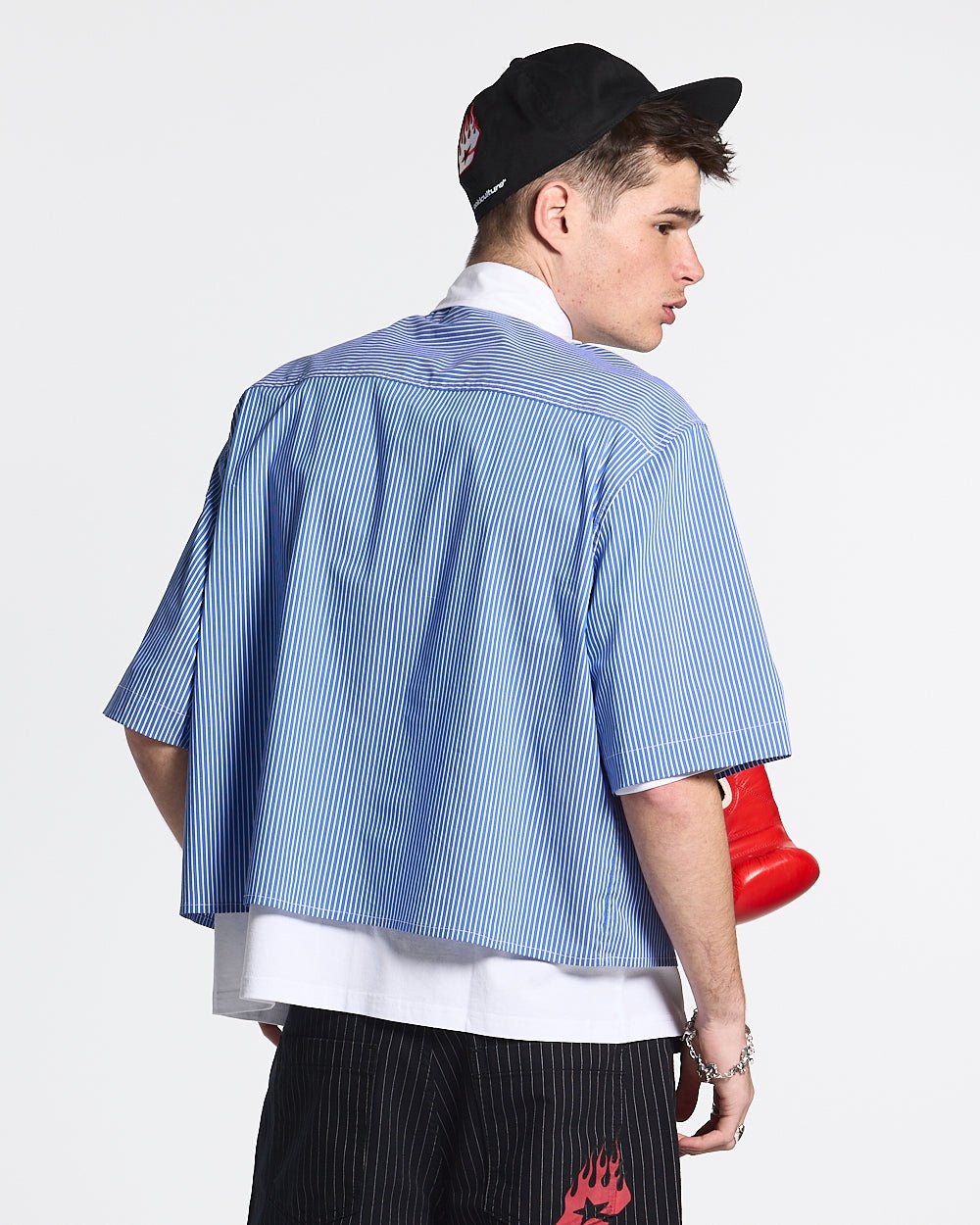 COLDCULT STRIPED SHIRT - blue striped short sleeve shirt, back view on male model - Cold Culture #man