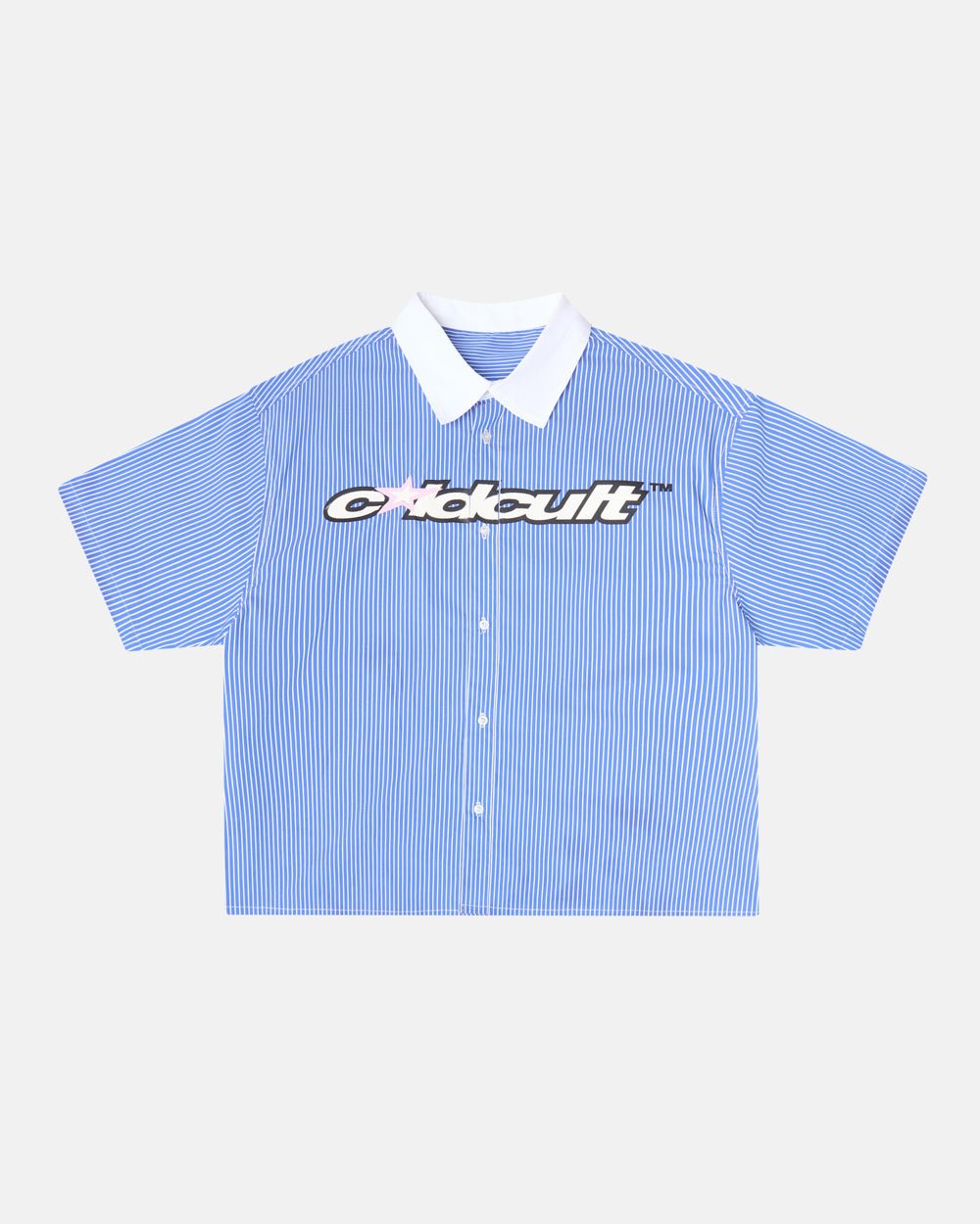 COLDCULT STRIPED SHIRT - blue striped short sleeve shirt, front view - Cold Culture #packshot