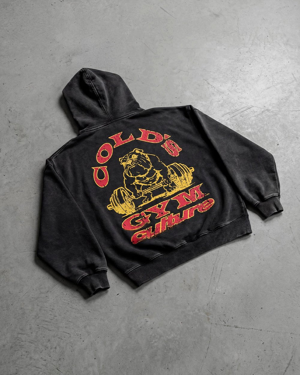 COLD´S GYM HOODIE BLACK - washed black hoodie, flat lay - Cold Culture