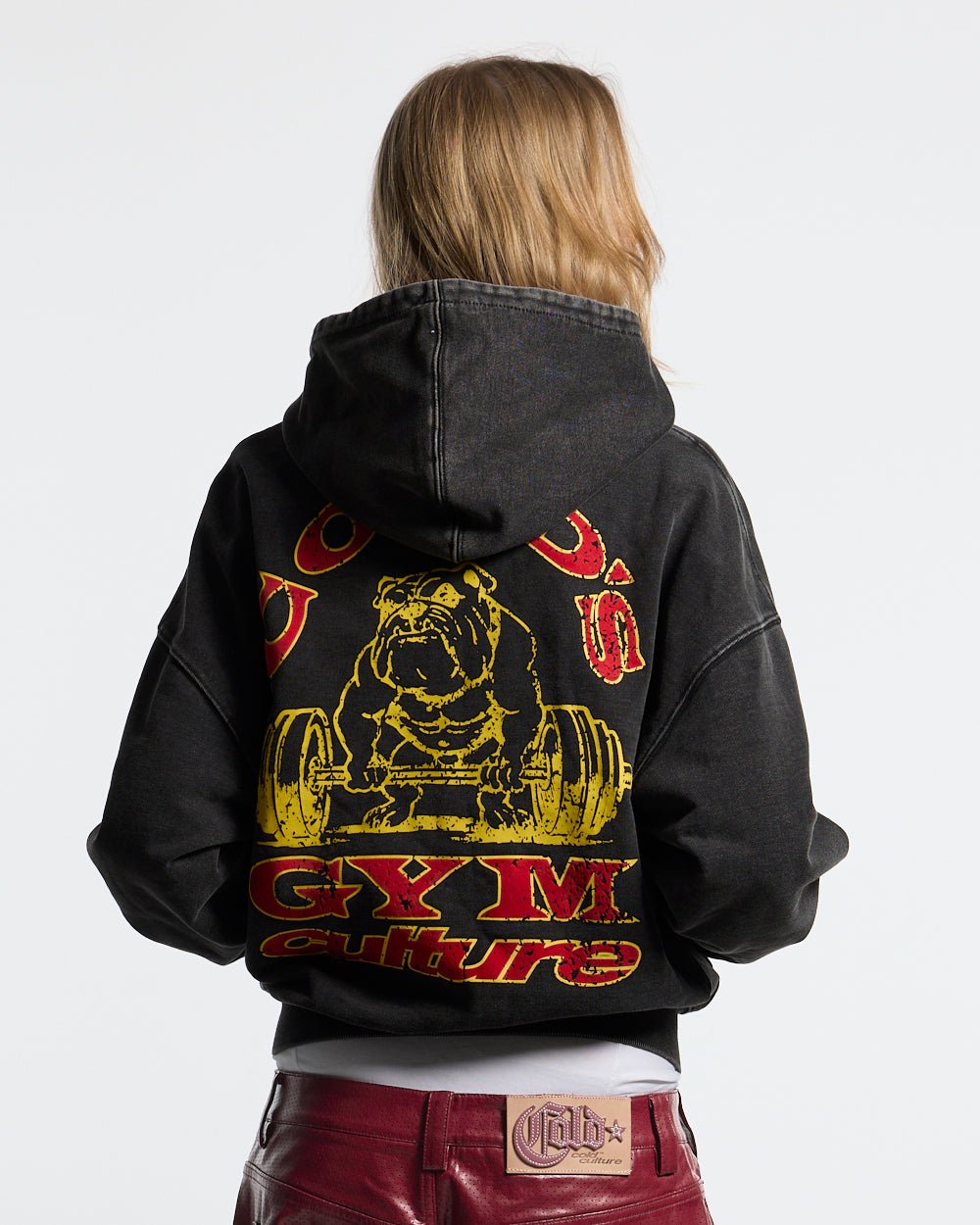 COLD´S GYM HOODIE BLACK - washed black hoodie, back view on female model - Cold Culture #woman