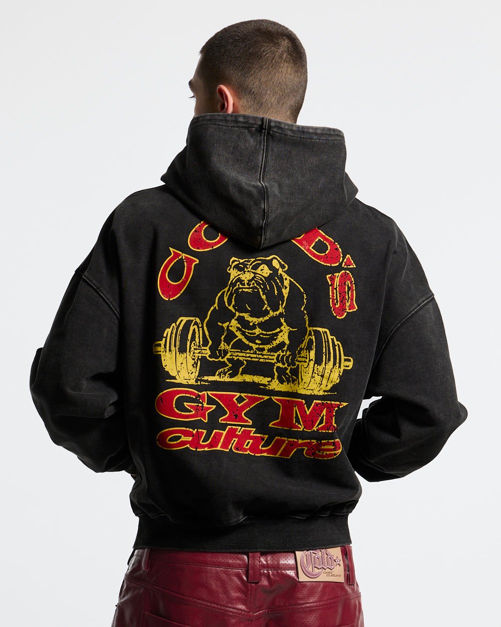 COLD´S GYM HOODIE BLACK - washed black hoodie, back view on male model - Cold Culture