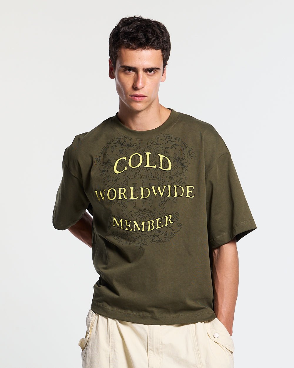 COLLECTIVE TEE GREEN - green graphic print tee, front view on male model - Cold Culture #man