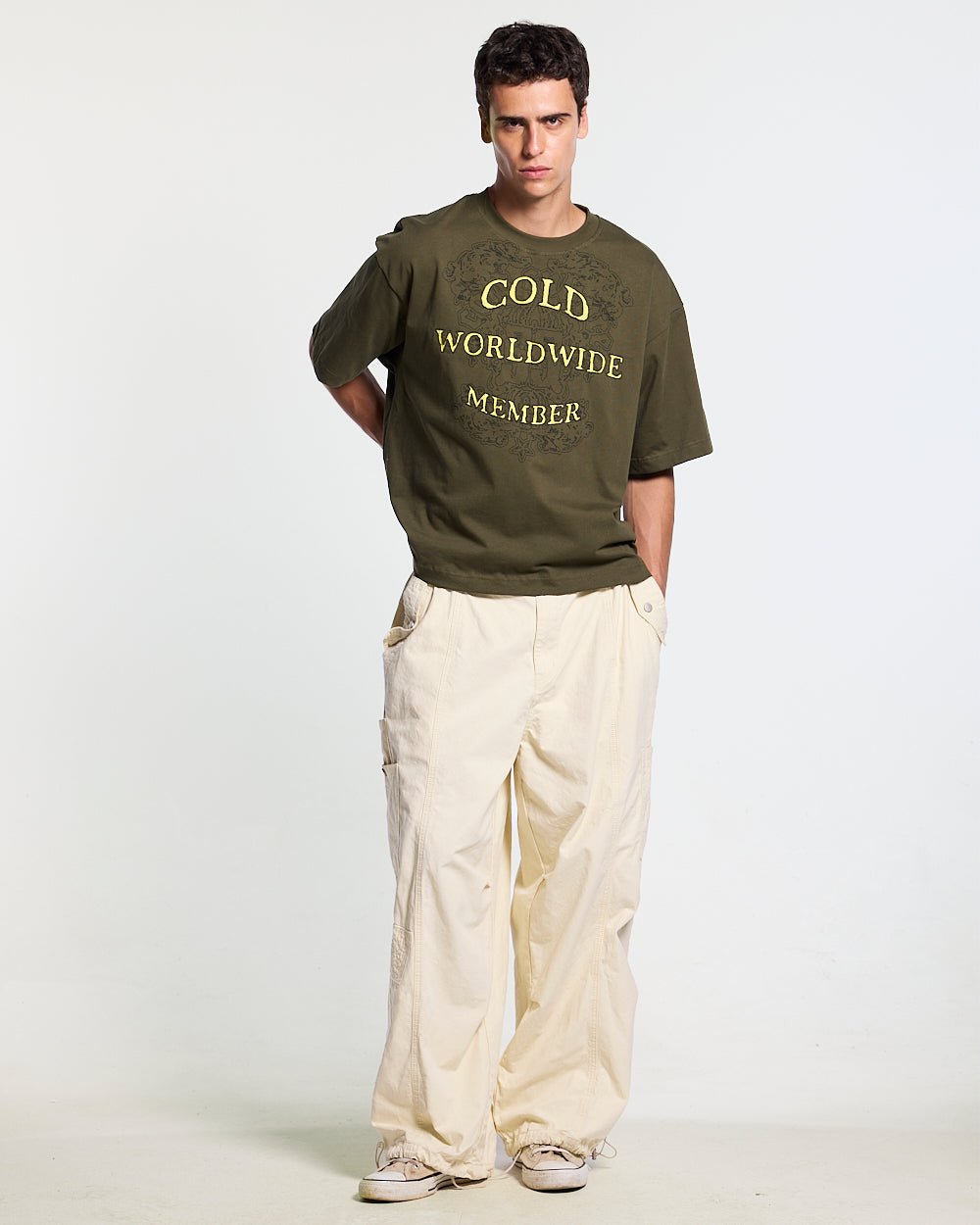 COLLECTIVE TEE GREEN - green graphic print tee, front view on male model - Cold Culture #man