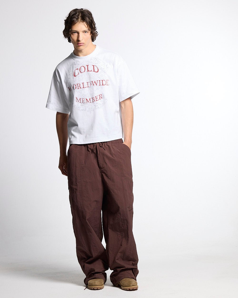 COLLECTIVE TEE WHITE - white graphic print tee, front view on male model - Cold Culture #man