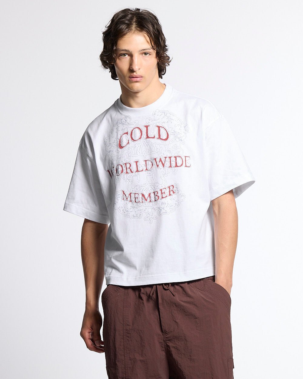 COLLECTIVE TEE WHITE - white graphic print tee, front view on male model - Cold Culture #man