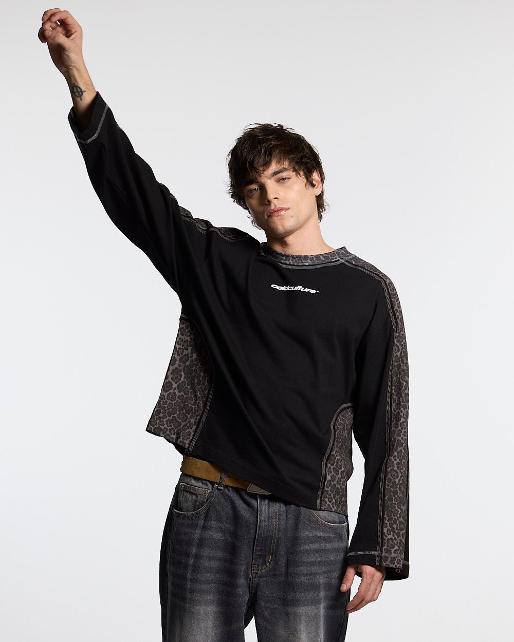 COMBAT LONGSLEEVE BLACK - black leopard panel longsleeve tee, front view on male model - Cold Culture #man