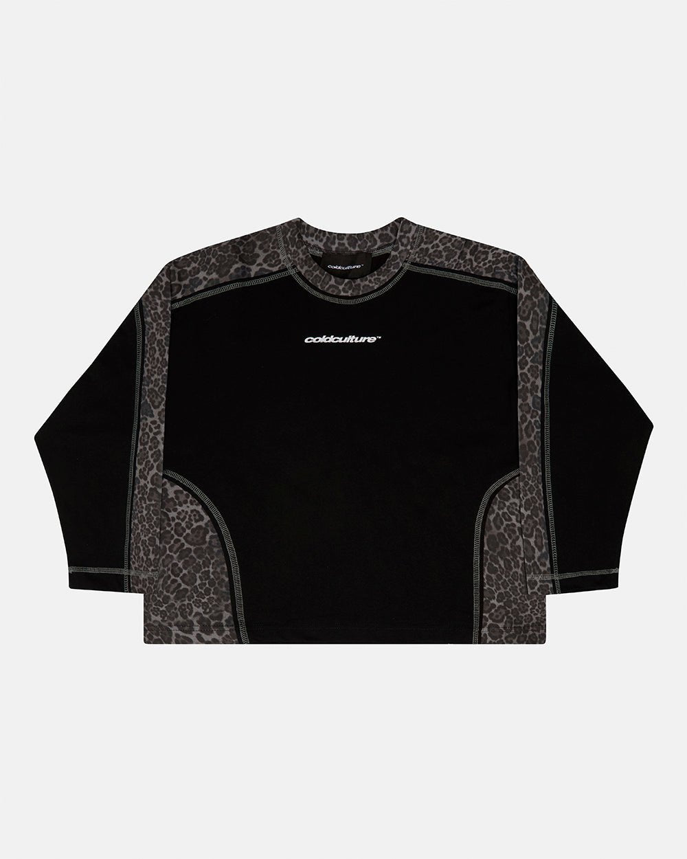 COMBAT LONGSLEEVE BLACK - black leopard panel longsleeve tee, front view - Cold Culture #packshot