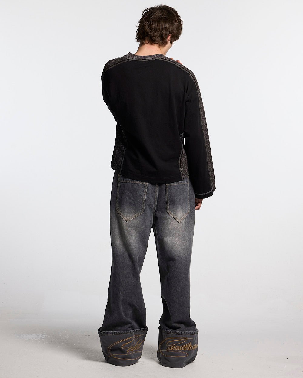 COMBAT LONGSLEEVE BLACK - black leopard panel longsleeve tee, back view on male model - Cold Culture #man