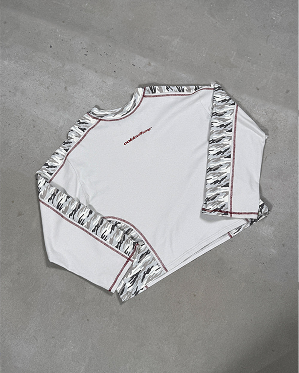 COMBAT LONGSLEEVE GREY - grey camo panel longsleeve tee, flat lay - Cold Culture