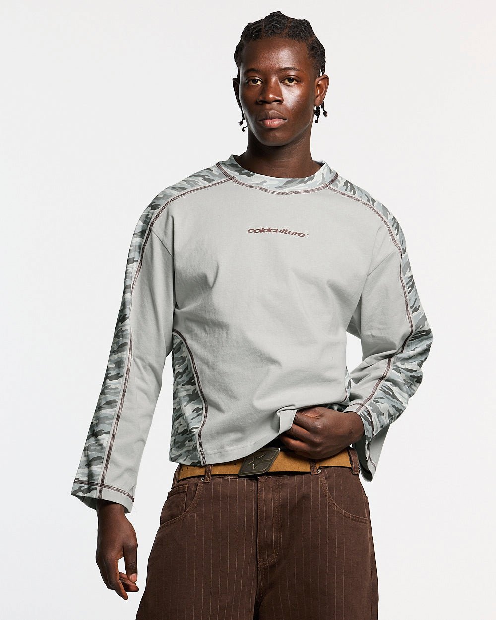 COMBAT LONGSLEEVE GREY - grey camo panel longsleeve tee, front view on male model - Cold Culture #man