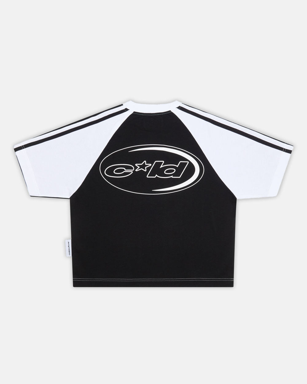COMBO TEE BLACK - black and white raglan tee, back view - Cold Culture #packshot