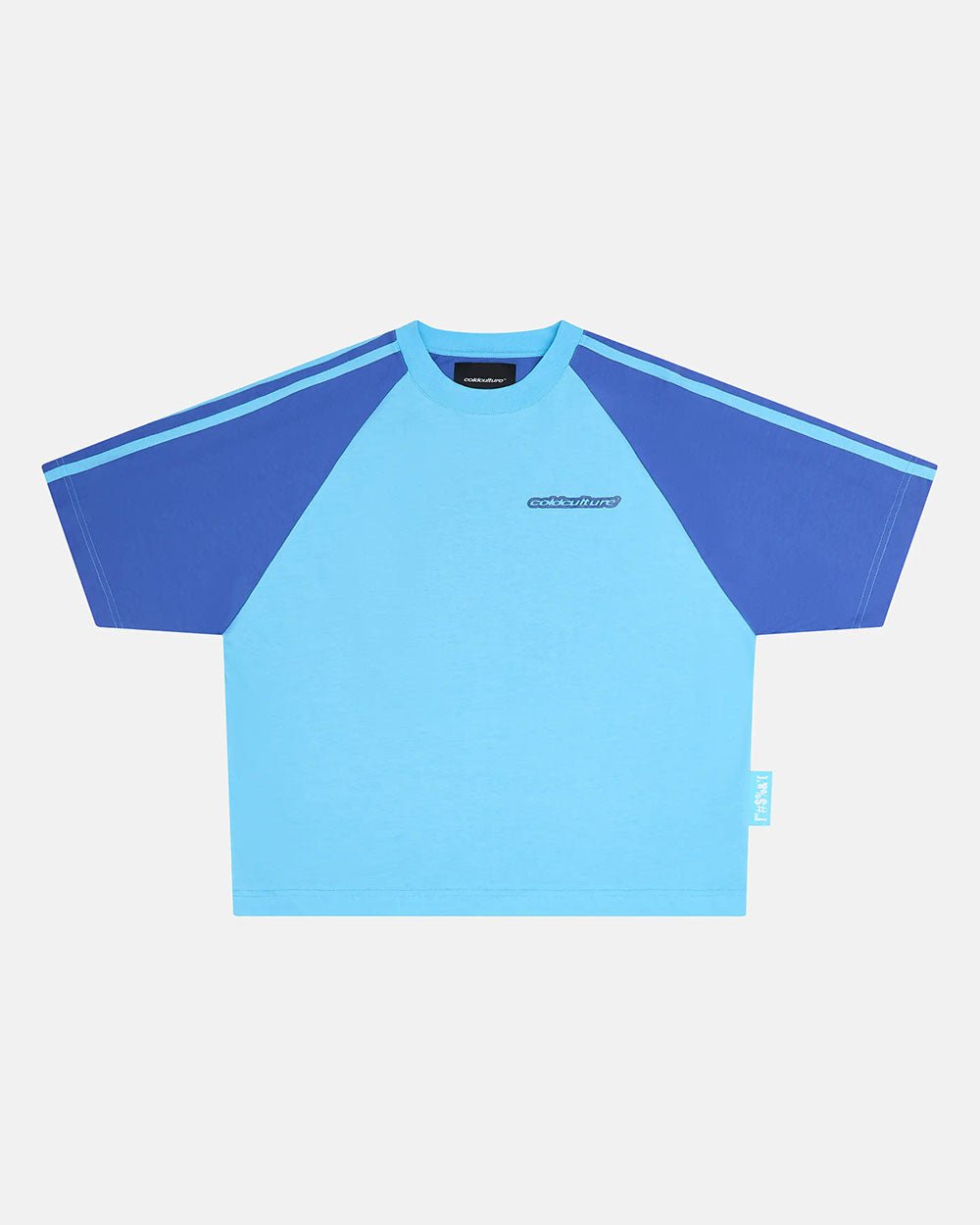 COMBO TEE BLUE - two-tone blue raglan tee, front view - Cold Culture #packshot