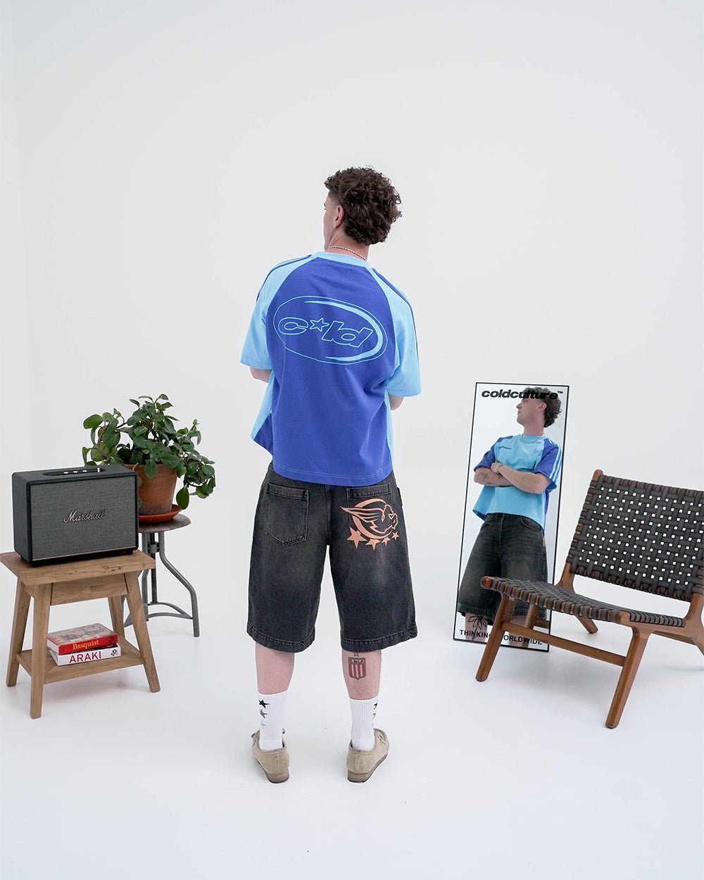 COMBO TEE BLUE - two-tone blue raglan tee, back view on male model - Cold Culture