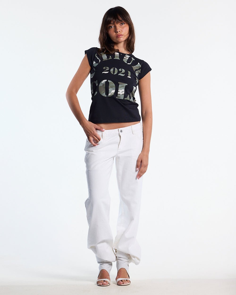 COMMAND BABY TEE BLACK - black camo print baby tee, front view on female model - Cold Culture #woman