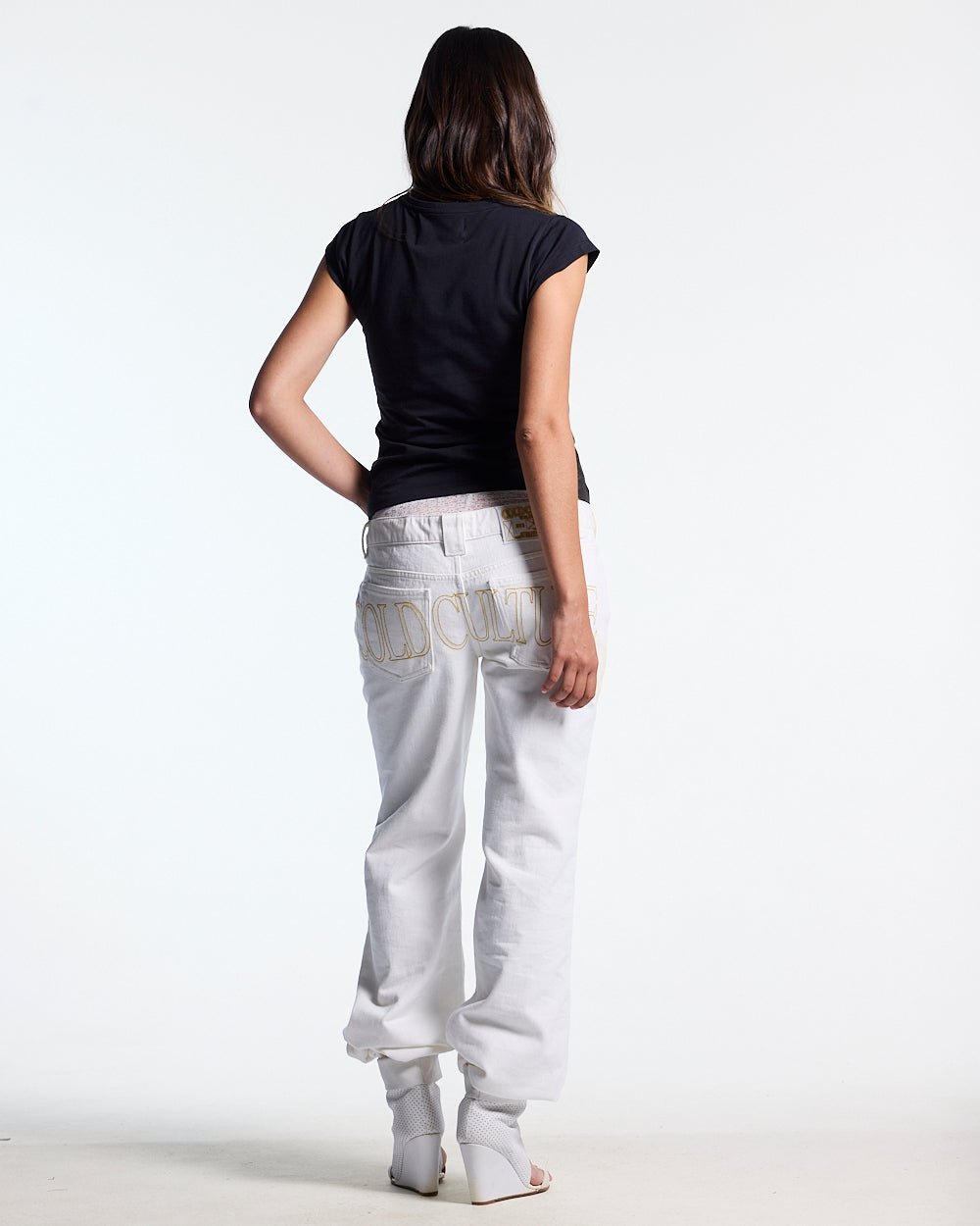 COMMAND BABY TEE BLACK - black camo print baby tee, back view on female model - Cold Culture #woman