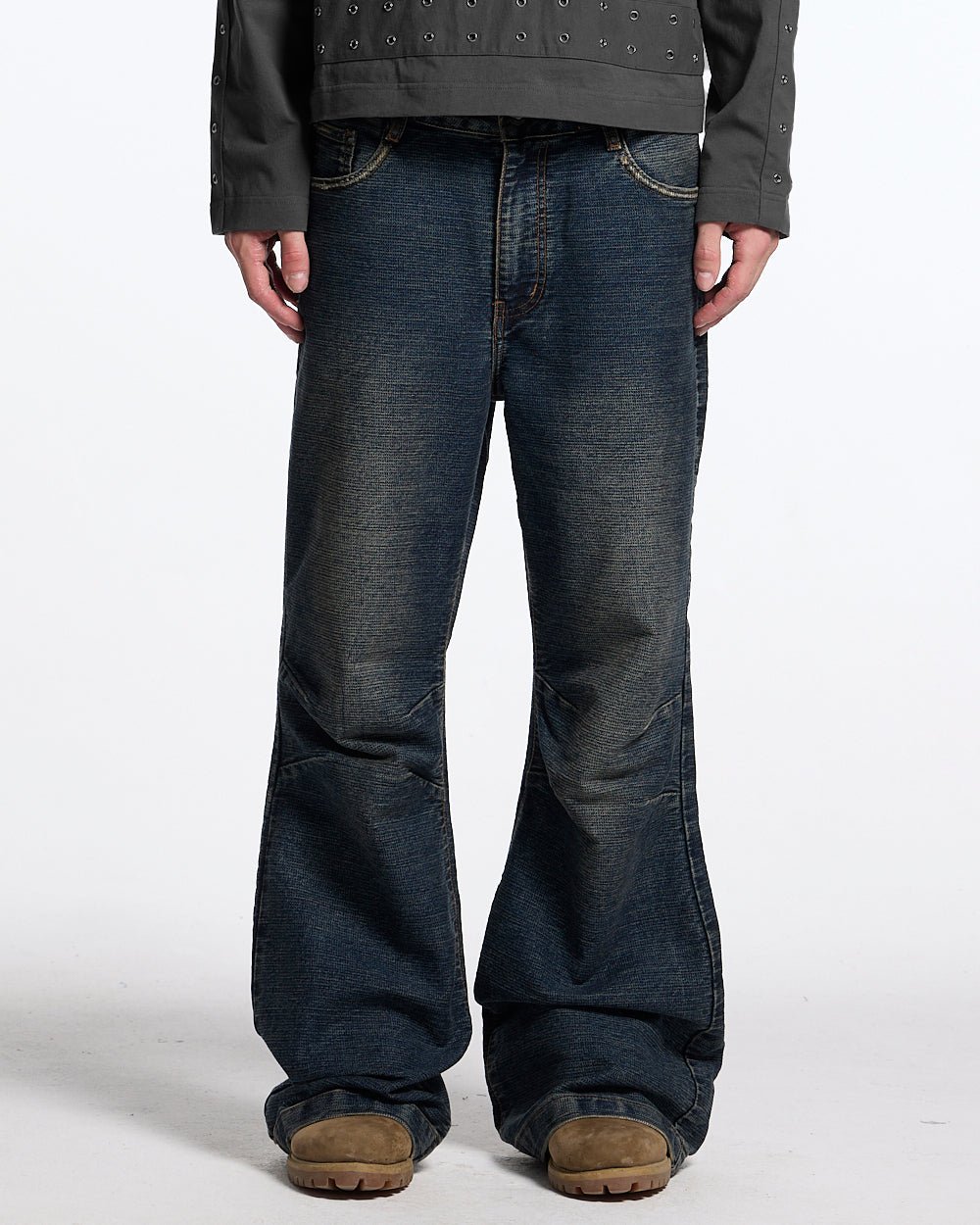 CONCRETE BOOTCUT JEANS BLUE - washed blue bootcut jeans, front view on male model - Cold Culture