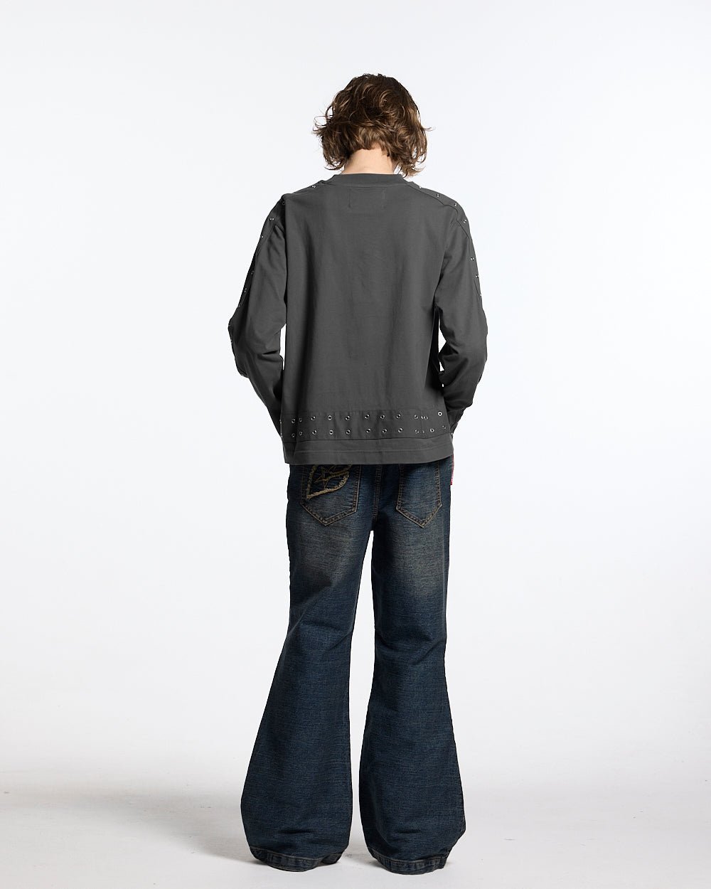 CONCRETE BOOTCUT JEANS BLUE - washed blue bootcut jeans, back view on female model - Cold Culture #woman