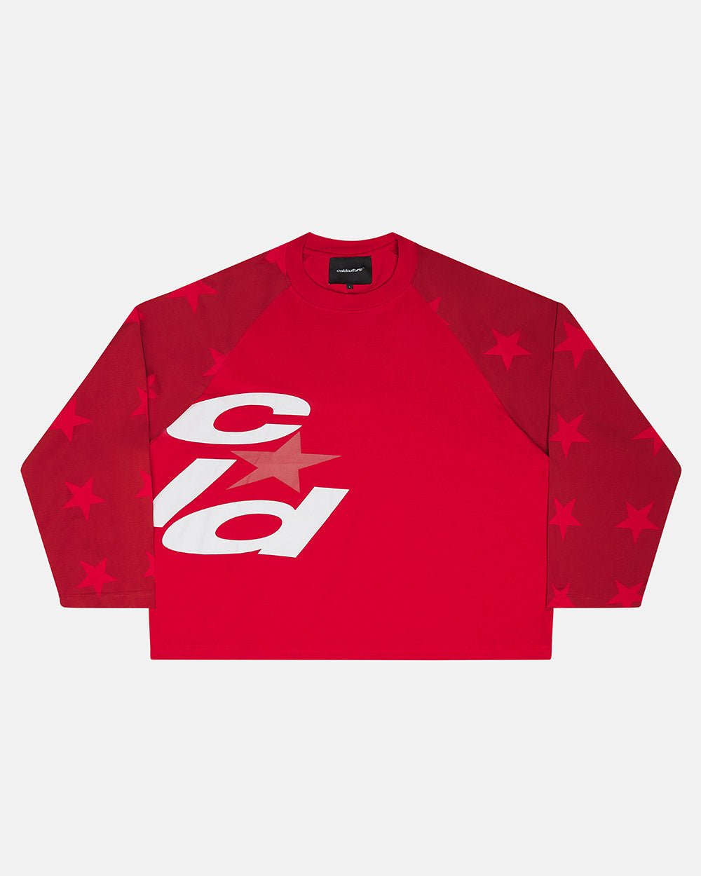 CONSTELLATION LONGSLEEVE RED & BURGUNDY - red star print longsleeve tee, front view - Cold Culture #packshot