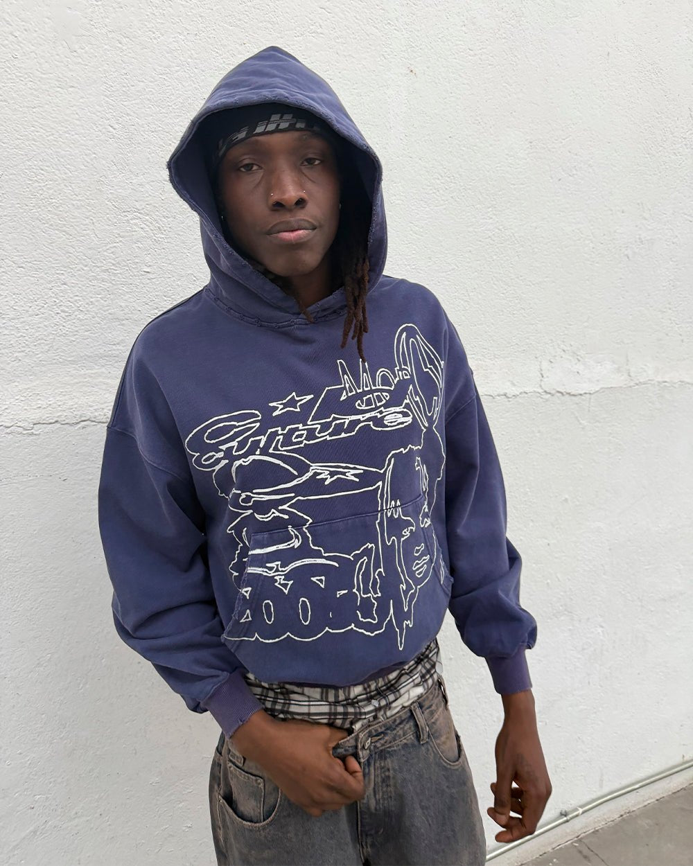 COOL CAP HOODIE MID BLUE WASHED - blue washed graphic hoodie, street style shot - Cold Culture