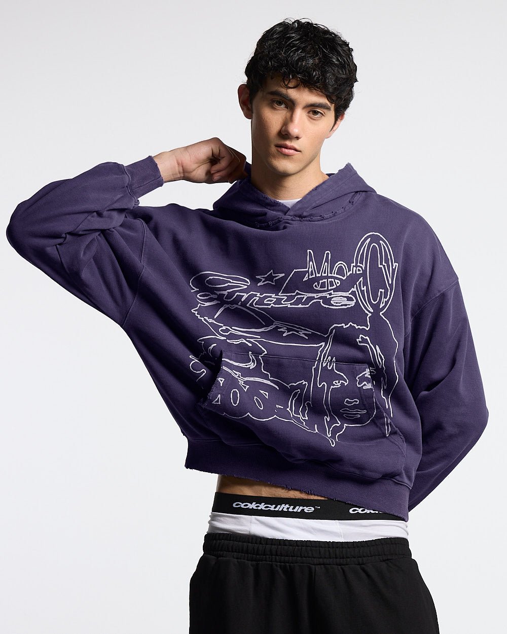 COOL CAP HOODIE MID BLUE WASHED - blue washed graphic hoodie, front view on male model - Cold Culture #man