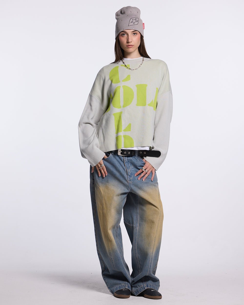 COOL COLD KNIT BEIGE - beige graphic print knit sweater, front view on female model - Cold Culture #woman