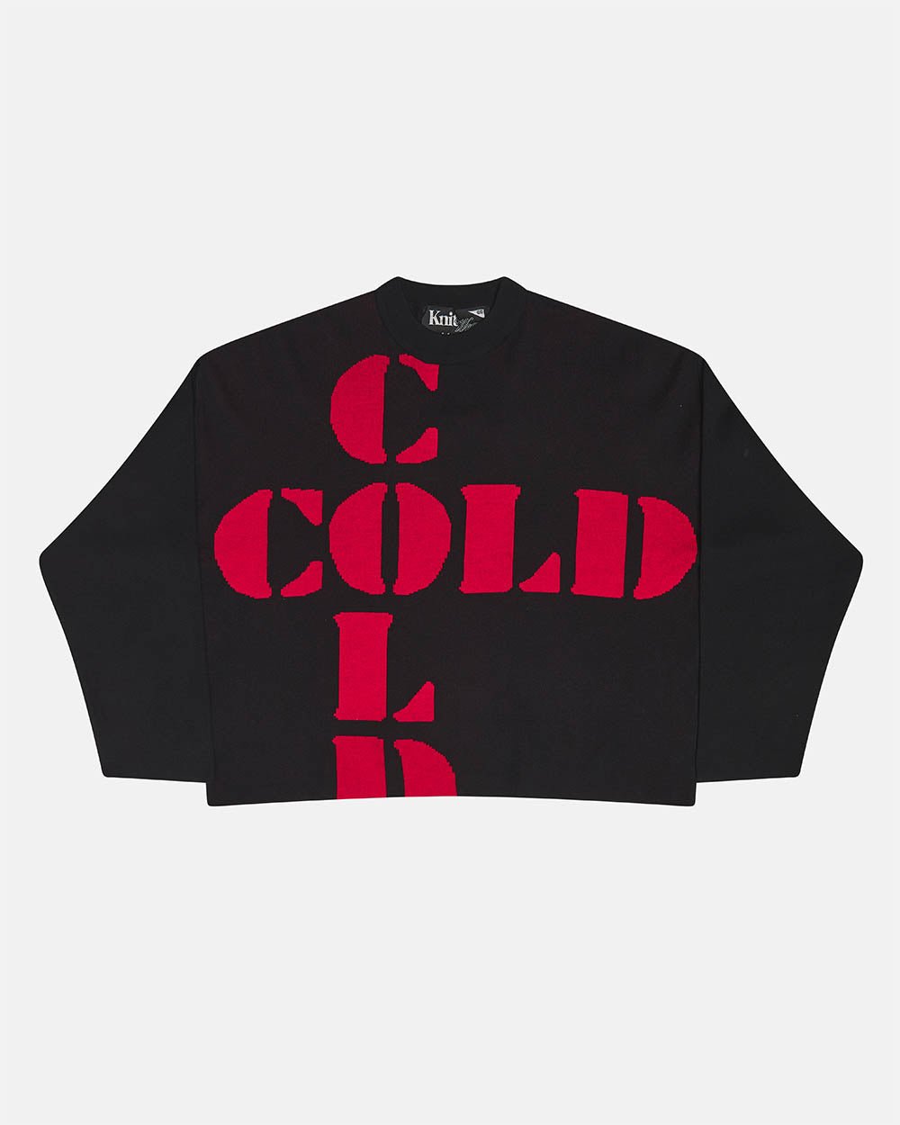 COOL COLD KNIT BLACK - black graphic print knit sweater, front view - Cold Culture #packshot