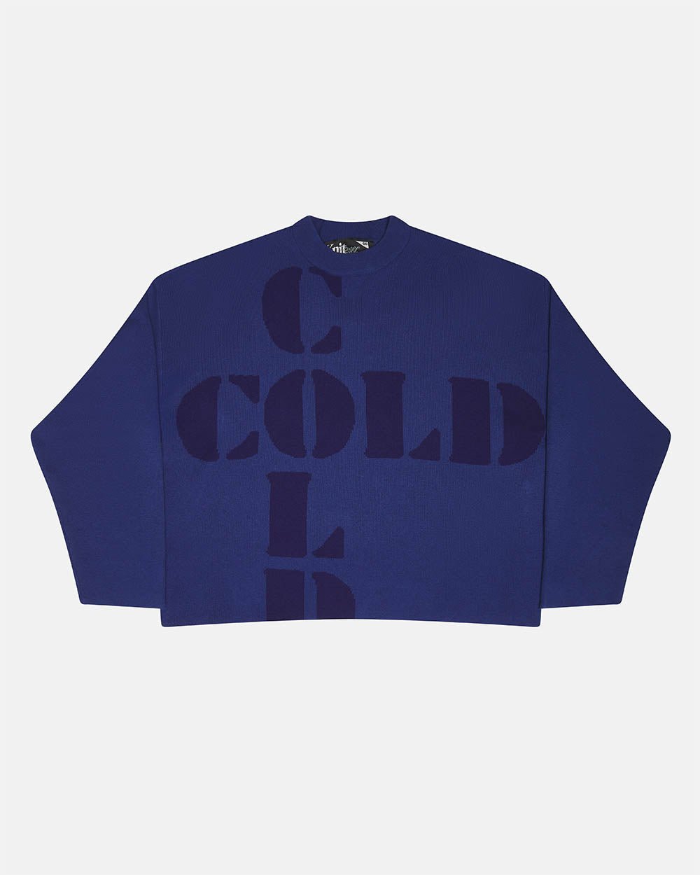 COOL COLD KNIT BLUE - blue graphic print knit sweater, front view - Cold Culture #packshot