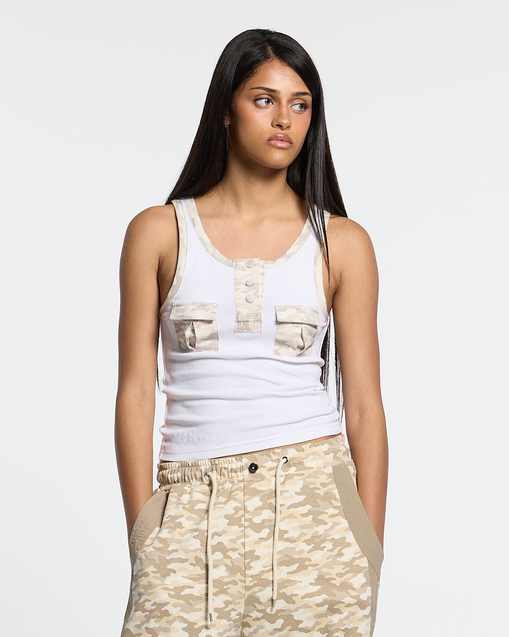 CORE TANK TOP WHITE - white ribbed tank top, front view on female model - Cold Culture #woman