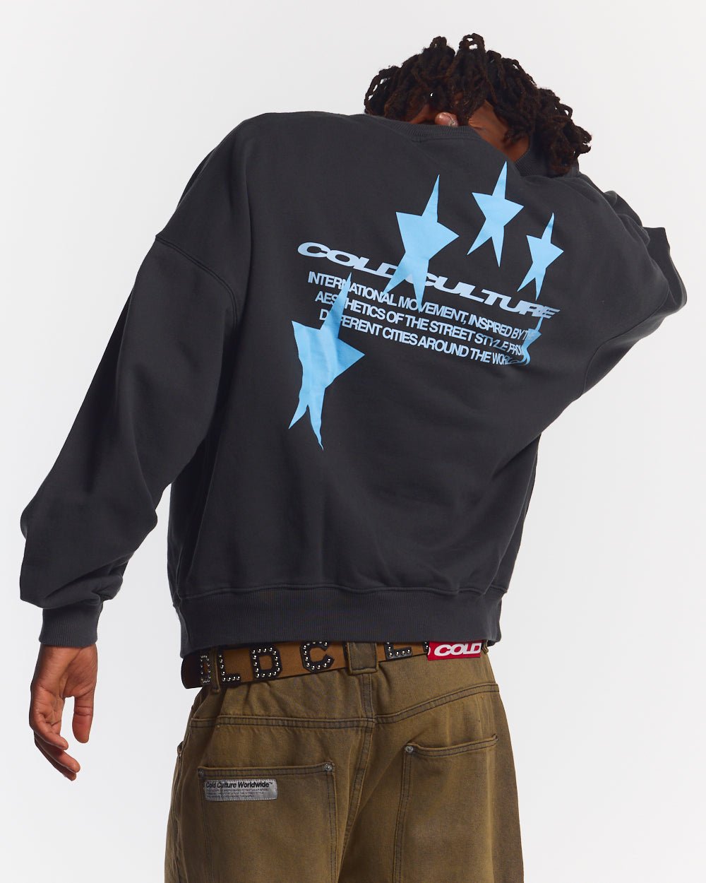 COSMOS ARC CREWNECK INDIA INK - dark navy oversized crewneck sweatshirt, back view on male model - Cold Culture #man
