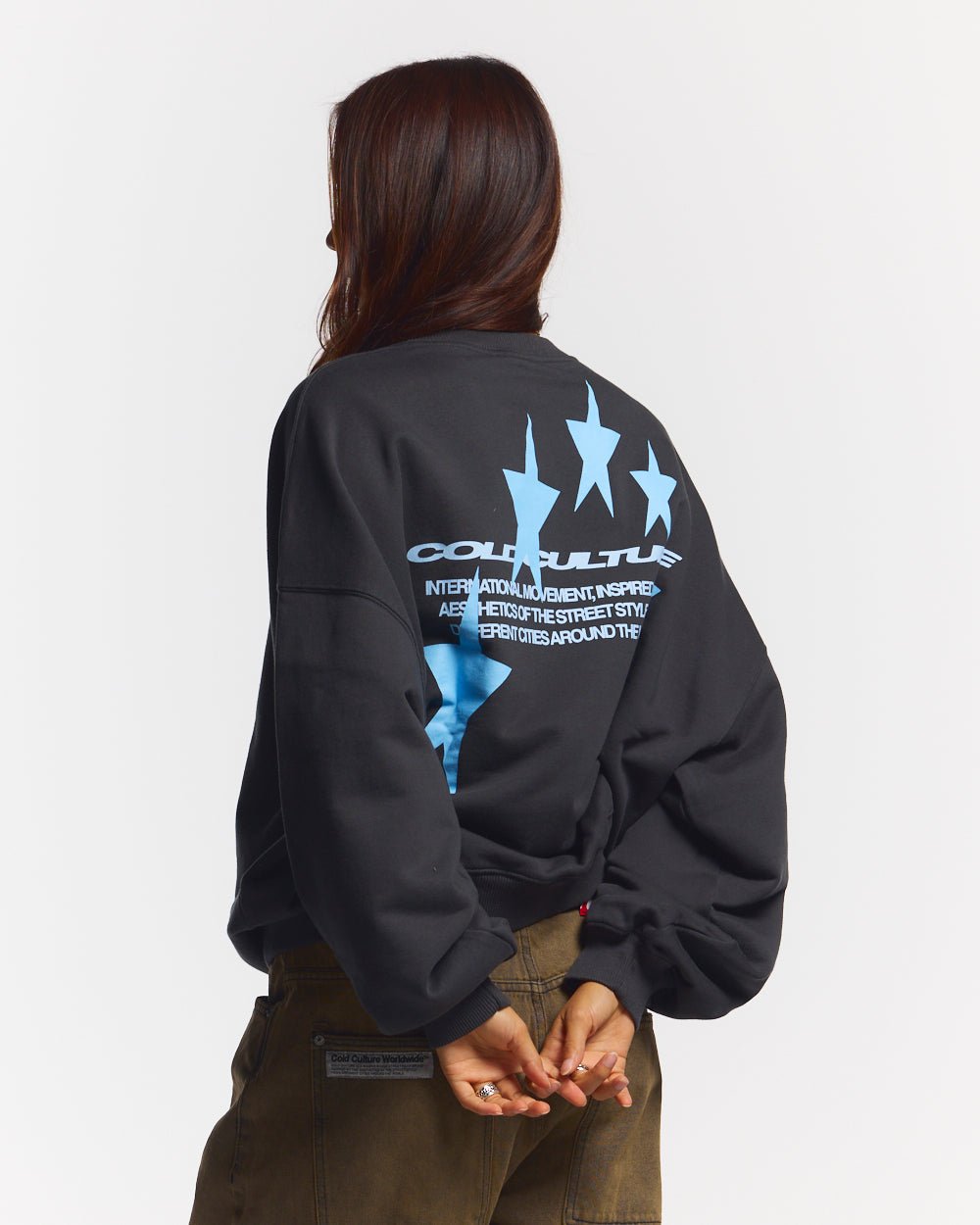 COSMOS ARC CREWNECK INDIA INK - dark navy oversized crewneck sweatshirt, back view on female model - Cold Culture #woman